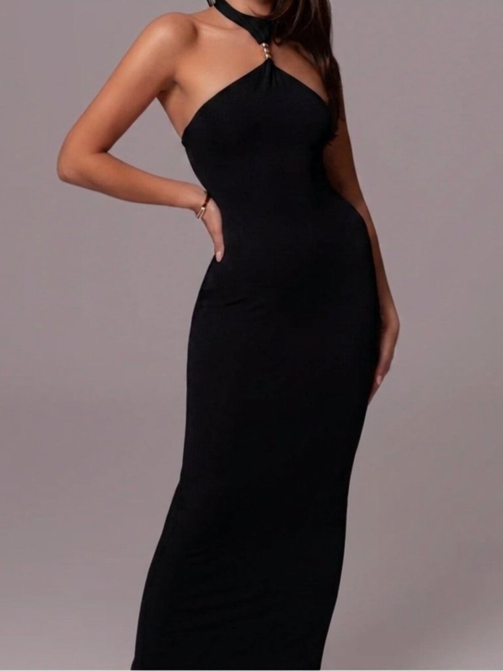 JLUXLABEL Black Halter Dress with Gold Accent